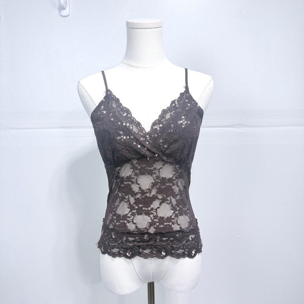 Vintage Y2K Wild Cut Sheer Lace Sequin Camisole Brown Top XS/S